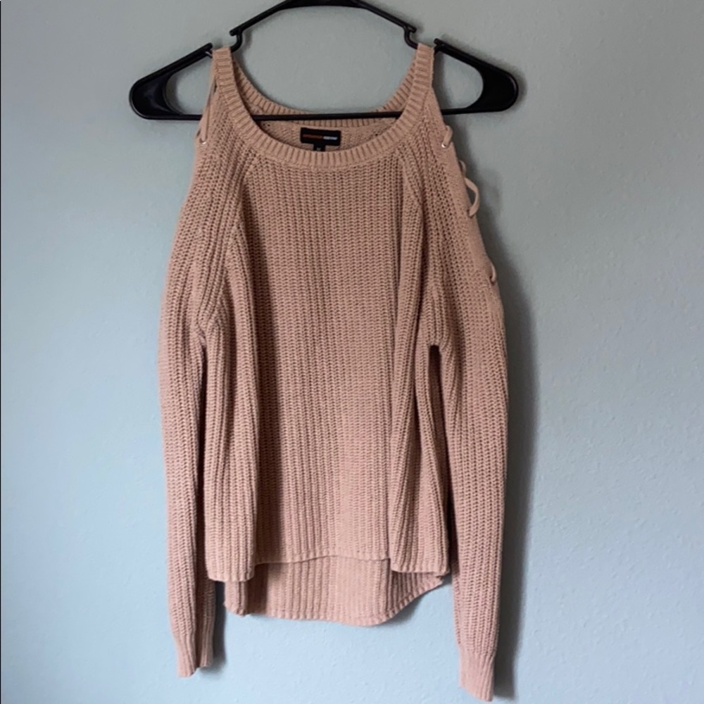 Ambiance apparel open/crisscross shoulder sweater